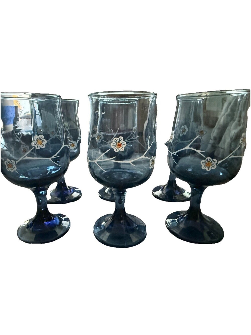 6 Vtg Libbey Smoky Blue Dogwood Wine Glasses Textured Raised Hand Painted Floral